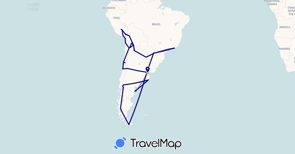 TravelMap itinerary: driving, plane in Argentina, Bolivia, Brazil, Chile, Peru, Paraguay (South America)